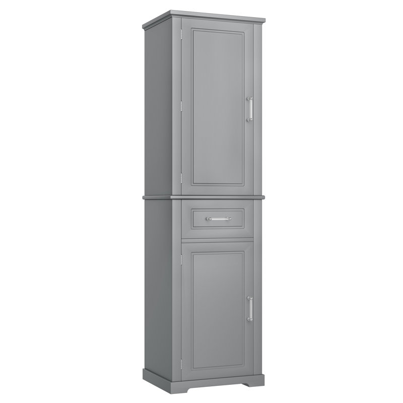 Grande armoire de rangement pour salle de bain, armoire de rangement autoportante avec deux portes de taille différente et tablette réglable, conception à étagère de porte, panneau de fibres à densité moyenne avec finition peinte, gris
