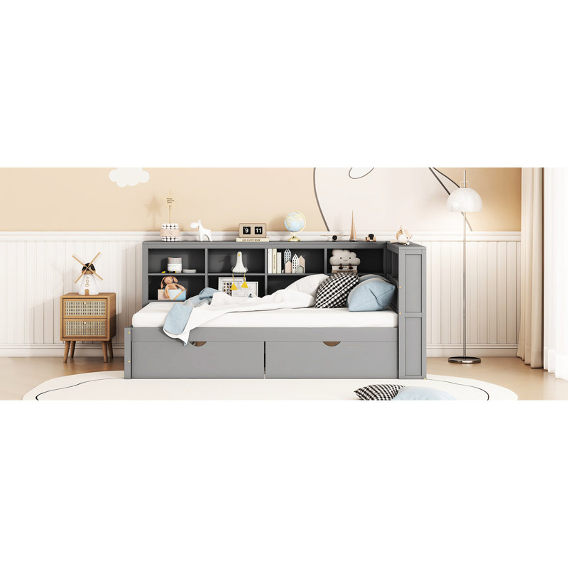Lit de jour simple avec palette de couleur grise, 2 tiroirs, compartiment de rangement et de charge en bois, tiroirs, Gris