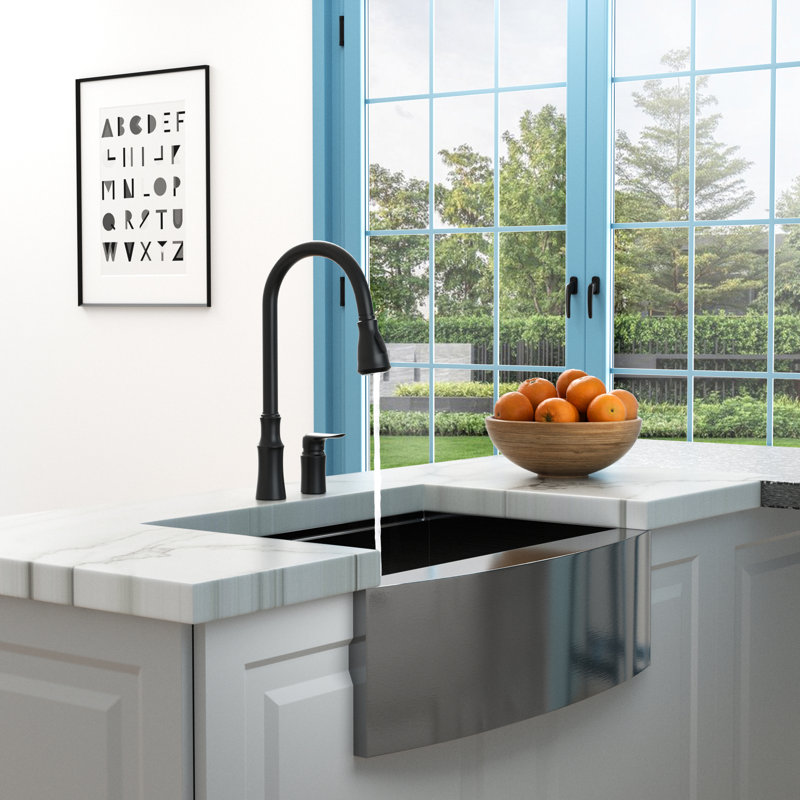 Robinet de cuisine simple noir mat avec poignée séparée, bec flexible rétractable rotatif à 360 °, matériau en laiton massif, modes de pulvérisation double pour diverses tâches, finition facile à entretenir, 16,9 pouces au total