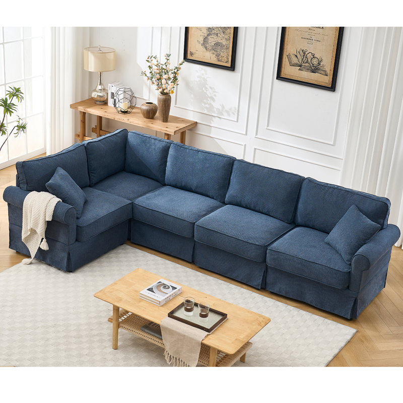 Canapé modulaire rembourré, canapé convertible en forme de L de 5 L en bleu foncé avec canapé en tissu doux, dossier à 5 places et ressorts ensachés