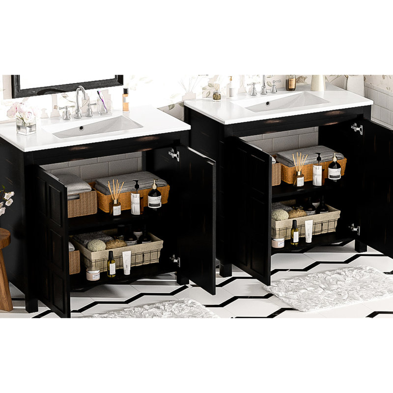 Armoire de salle de bain 72 po avec lavabos doubles - teinté, lavabos en céramique, étagères de meuble-lavabo spacieuses de style rétro, tablette réglable, poignées cachées