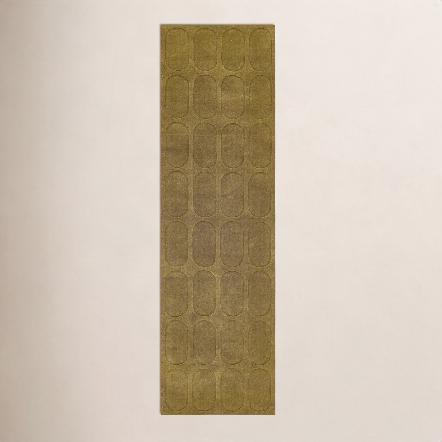 Mazzi Light Olive Hand-Loomed Geometric Wool Rug, Runner 2'3" x 8'