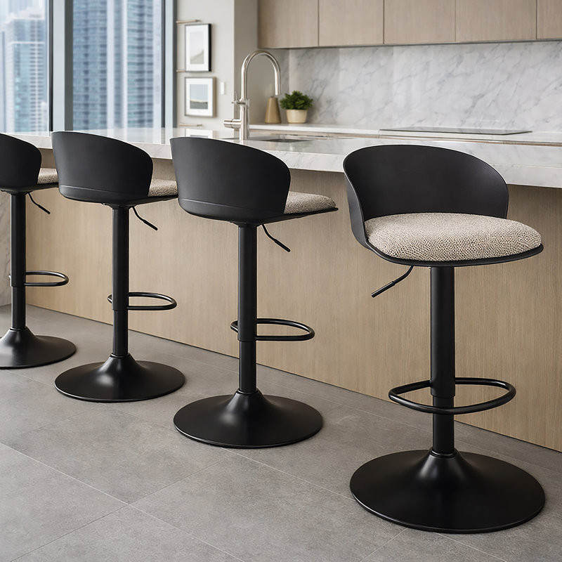 Contemporary Metal and Fabric Adjustable Air-Lift Stool, Set of 2, Adjustable Air-Lift Stool, Set of 2 - Black/Beige