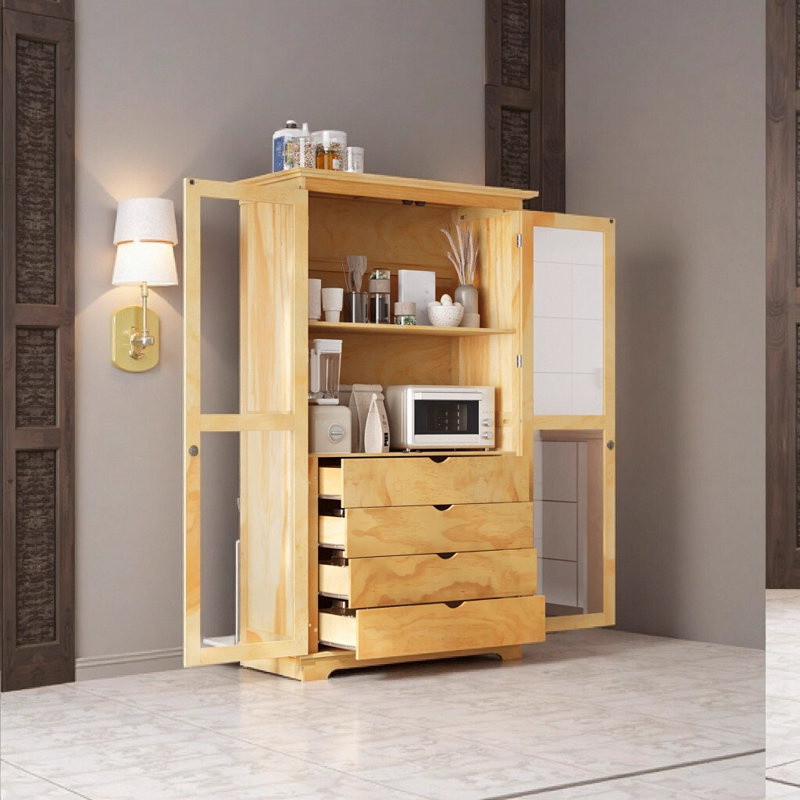 Armoire de cuisine, armoire de rangement avec portes en verre et 4 tiroirs intégrés, Naturel