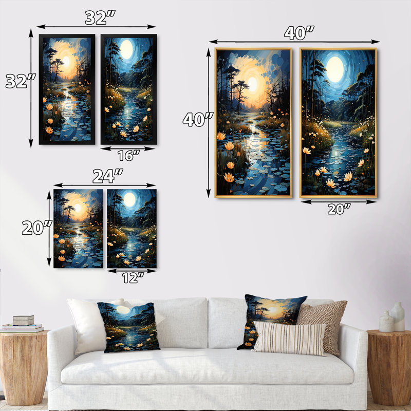 «Blue Green Pointillism River At Night», 2 pièces, Encadrement doré, H 32 po x l 32 po