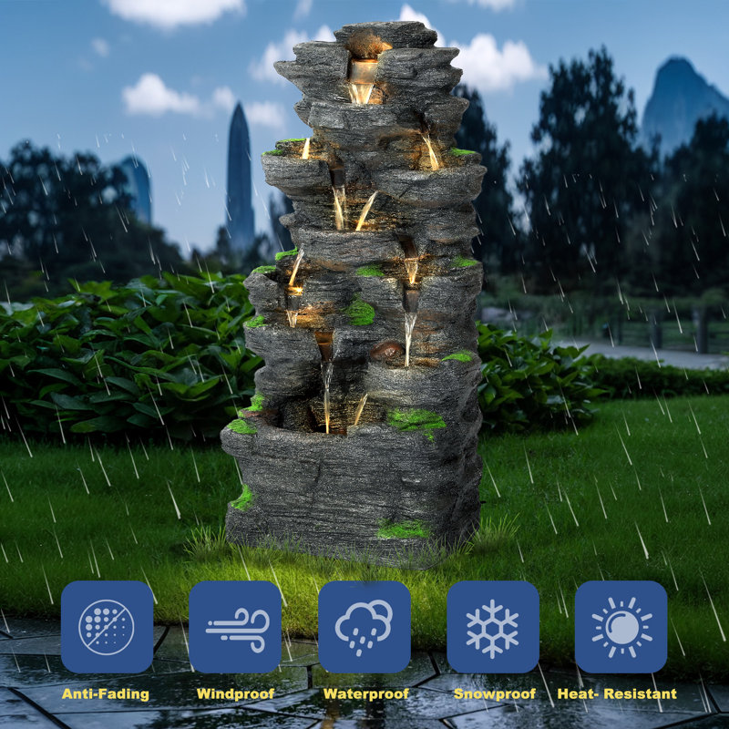 10 Tiers Cascading Rock Outdoor Water Fountain, 40"H Garden Freestanding Rockery Natural Waterfall Fountains Outdoor with LED Lights, Soothing Tranquility Fountains for Home Garden Yard Decor