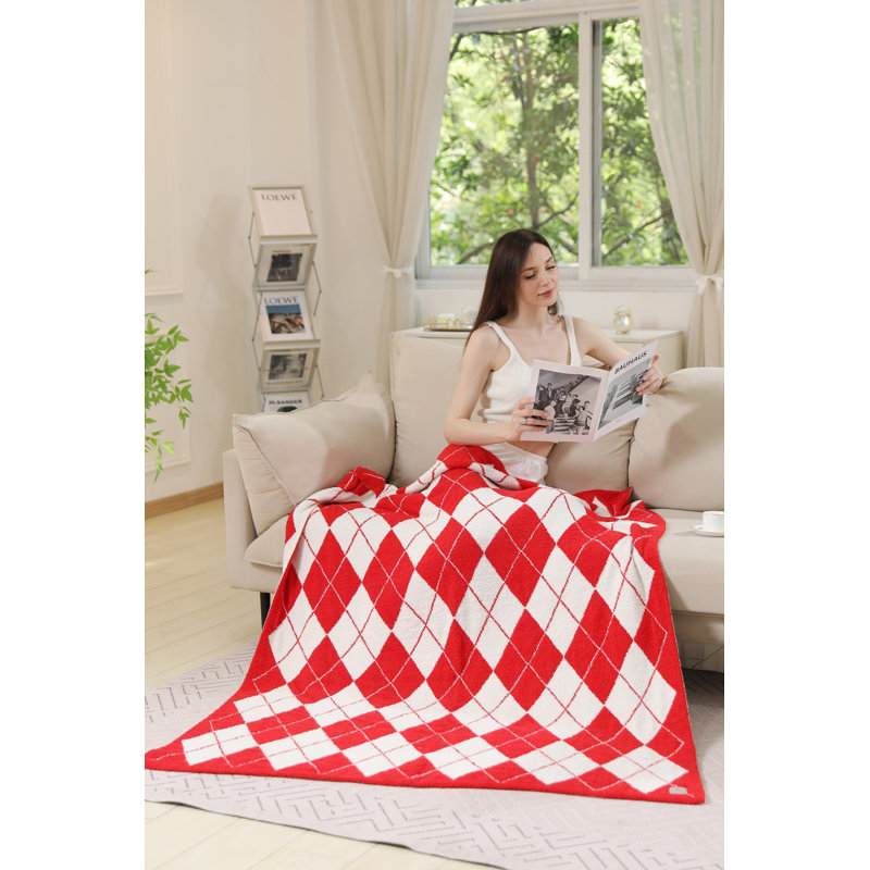Argyle Pattern Luxury Soft Throw Blanket, Red