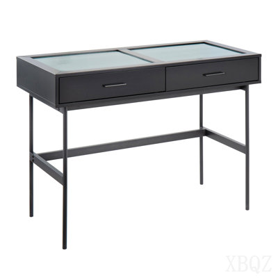 Console contemporaine en bois noir, acier noir et plateau en verre