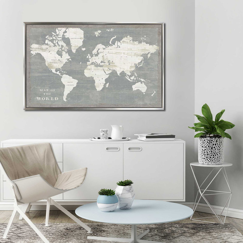 Carte du monde en ardoise par Sue Schlabach - impression, Cadre flottant argent, H 27,5 po x l 43,5 po x P 2 po