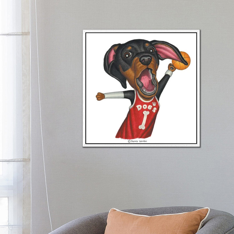 Dachshund Basketballer - Floater Frame Square Print on Canvas, 45.72 cm H x 45.72 cm W x 3.175 cm D, White Framed Canvas