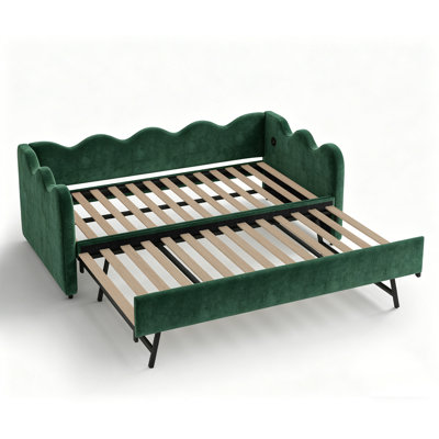 80.7" Scalloped Velvet Twin Daybed with Pull-Out Trundle and USB Ports, Upholstered Daybed Frame, Emerald Green