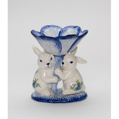 Easter Rabbits Candy Dish With Blue Roses