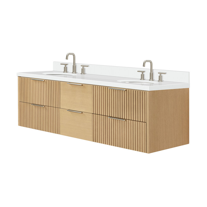 Meuble-lavabo mural ovale double avec comptoir en quartz blanc pur 1,5 po Mulloy, Ovale, Chêne naturel