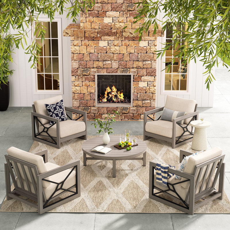 Marindo 4 Person Aluminum Patio Conversation Set With Round Coffee Table And Sunbrella® Cushions