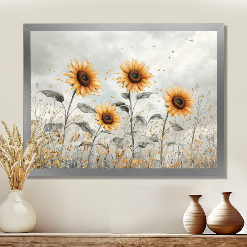 Art mural sur toile, tournesols Drangang, Reproduction encadrée d'une seule photo, Argent argent, H 16 po x l 32 po