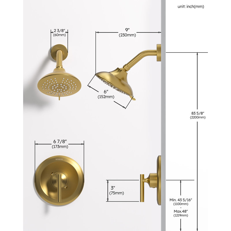 Shower Faucet Set Wall Mount, Shower System with Brass Pressure Balance Valve and 6 Inch Rain Showerhead Wall Mount, Gold