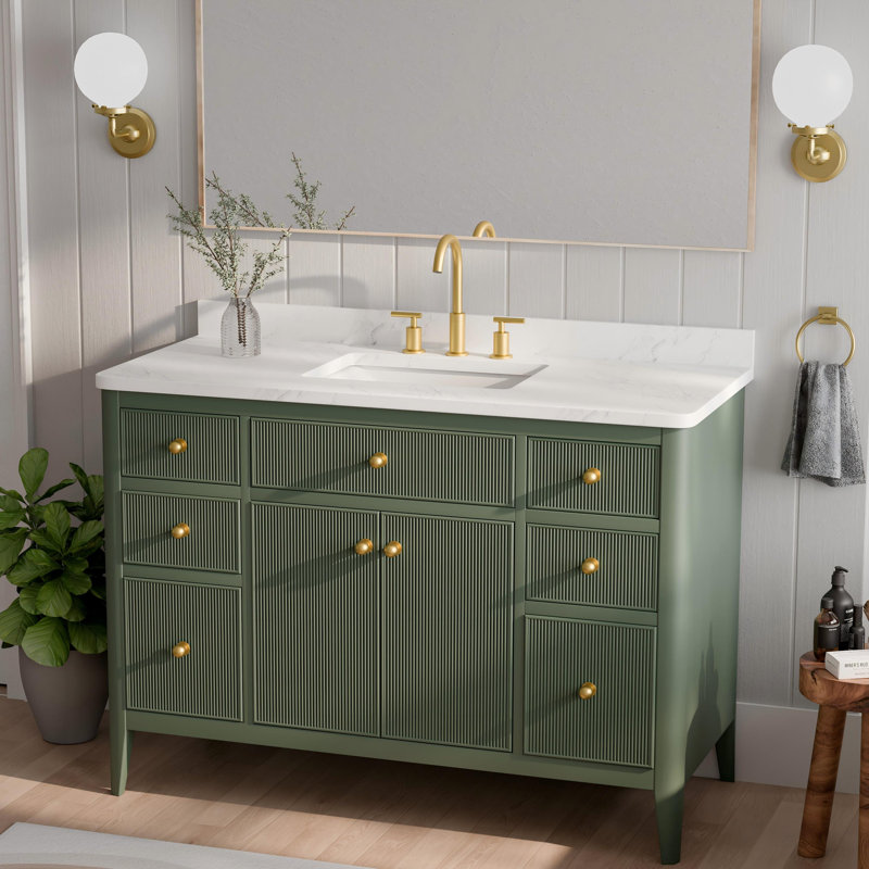 Ensemble de meuble-lavabo autoportant en bois massif 48 po avec 2 ensembles de poignées et plateau en marbre de Carrare de 48 po