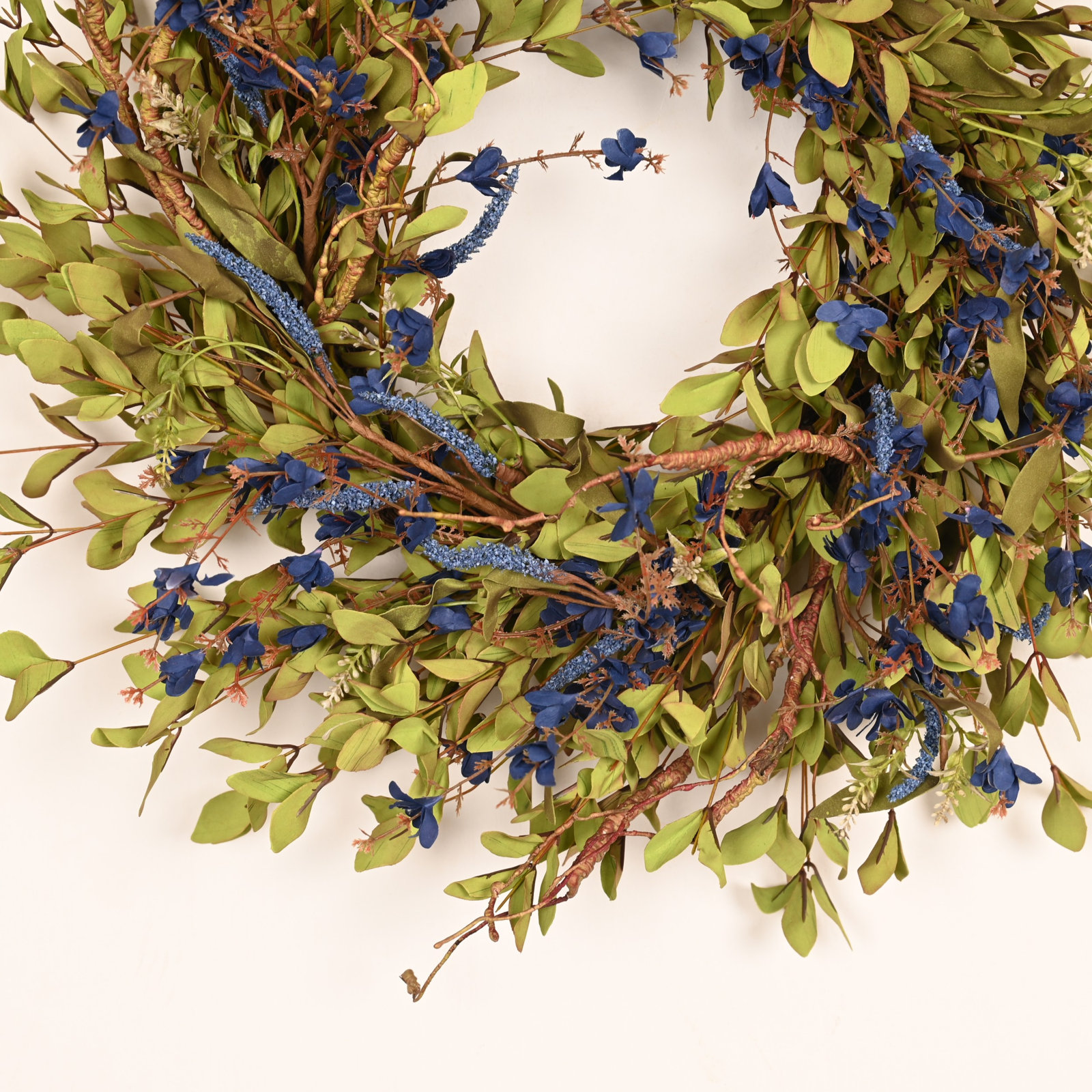 26" Large Artificial Farmhouse Twig Greenery Foliage Berry Blossom Cluster Wildflower Wreath for Front Door, Green;Blue