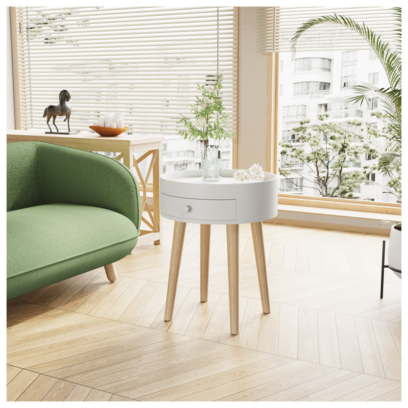 Table de chevet blanche 18 po avec tiroir de rangement et pieds en chêne - table de chevet moderne, petite table d'appoint pour chambre à coucher, salon