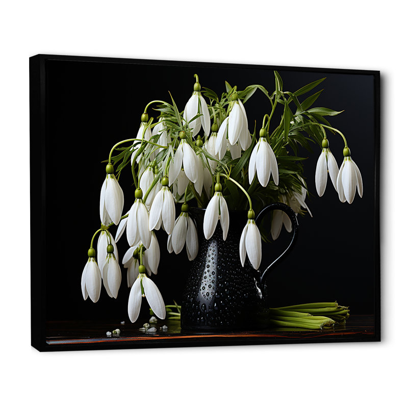 «Minimalims Snowdrops Still Life» sur toile, Cadre flottant noir, H 30 po x l 40 po x P 1,5 po
