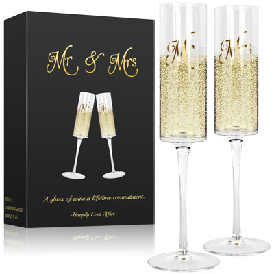Set of 2 Mr & Mrs Champagne Flutes - Engagement & Wedding Gifts - Elegant Prosecco Glasses - 7.1 oz Champagne Glasses Gift Set, Birthday and Holiday Gifts