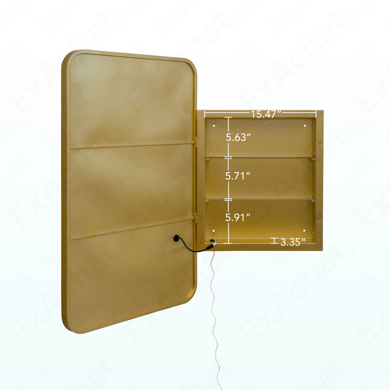 Armoire à pharmacie rectangulaire avec miroir et miroir de salle de bain, Doré