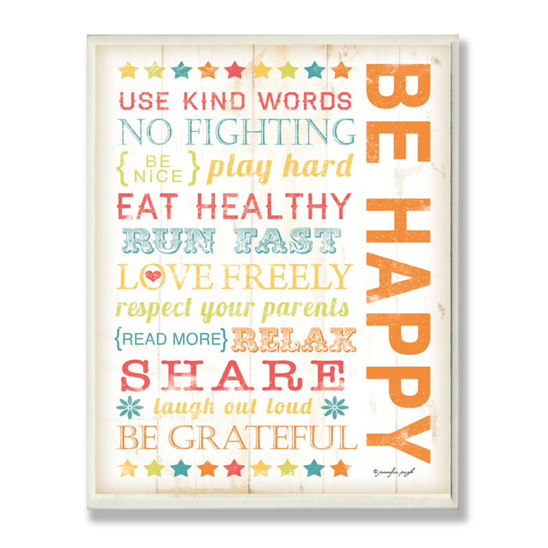 Elitia «Be Happy Typographie», art, H 19 po x l 13 po, Plaque en bois