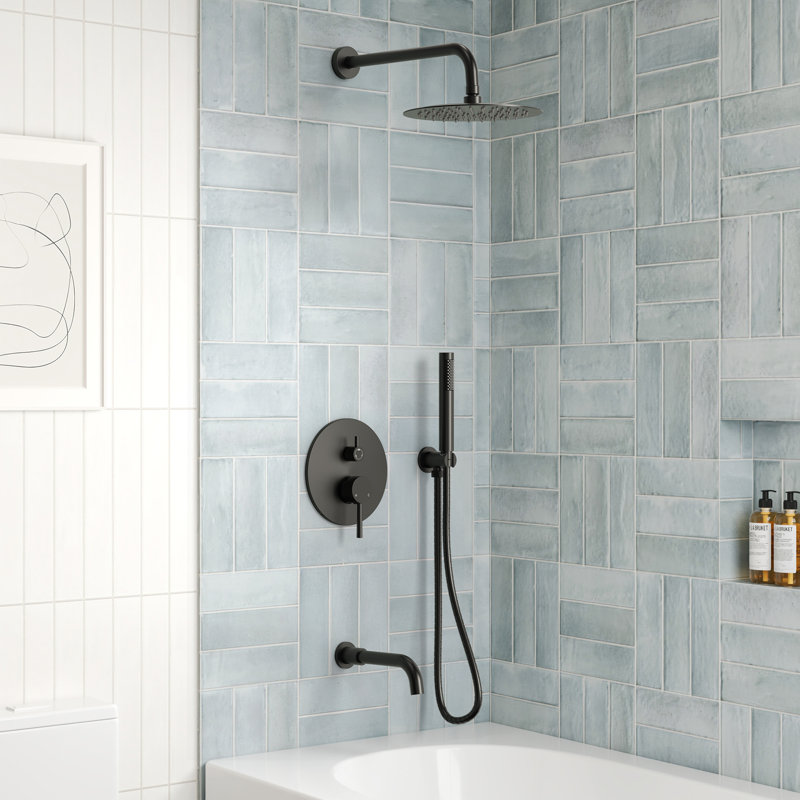 Système de douche à pluie haute pression 10 po, robinet de baignoire avec valve à pression équilibrée, Noir mat