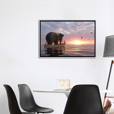 «Elephant and Dog Sail in a Boat at Sea» par Mike Kyiv - reproduction d'art