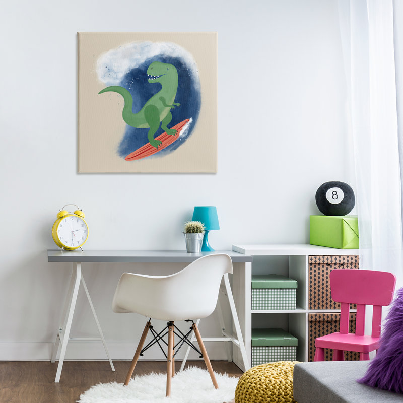«Surfing Dino T-Rex», art mural sur toile par Carrie Cantwell, H 30 po x l 30 po