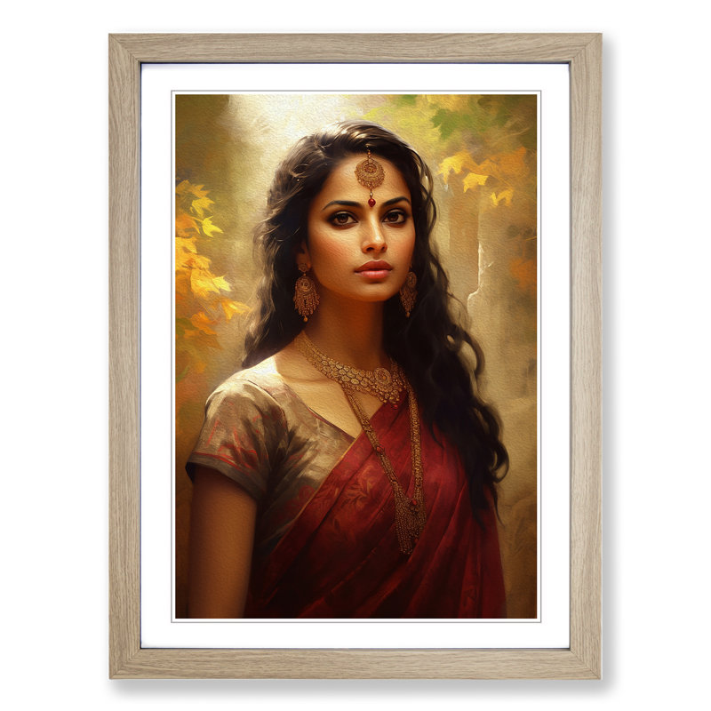 Indian Woman Classicism - Single Picture Frame Print on Wood, Oak , 46cm H x 34cm W x 2cm D