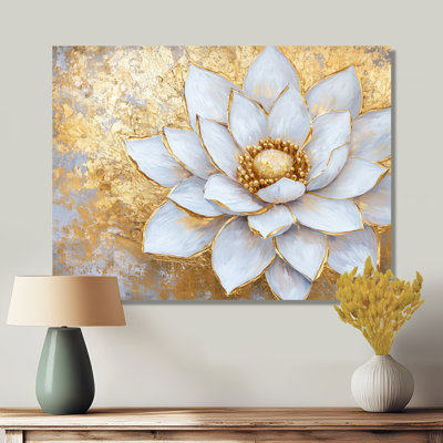 Golden Lotus White Dream II - décoration murale florale en métal, impression sur métal Lotus