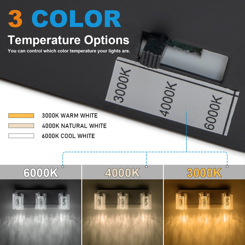 Black Vanity Light (3-Light, 17-Inch), (3000K/4000K/6000K, Dimmable) LED Bathroom Light Fixture, Modern Wall Light Over Mirror with Clear Glass Shade