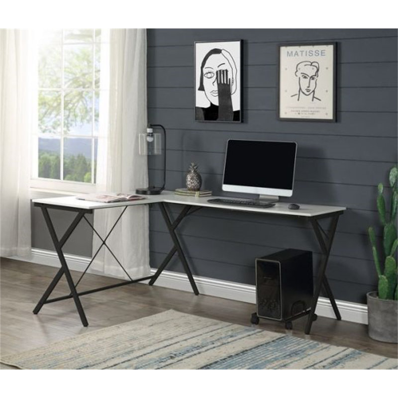 Demico L-Shaped Metal Base Computer Desk, White/Black