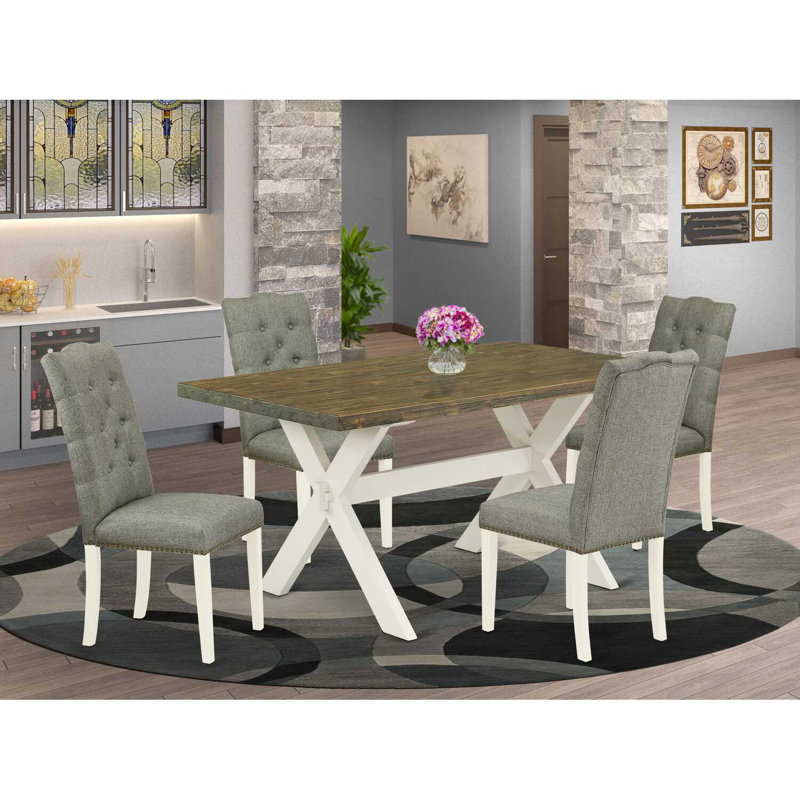 L'ensemble de 5 tables de cuisine pour 4 personnes comprend une table de salle à manger rectangulaire avec pieds en X et 4 chaises rembourrées en tissu de lin gris, lin brossé blanc