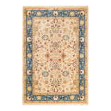 Tapis ivoire / bleu noué à la main de conception unique et unique 6 pi 1 po x 8 pi 10 po Oakhur
