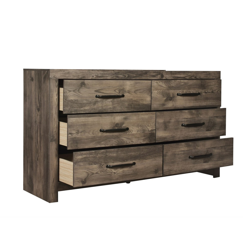 Commode Khrystopher 59 po, 6 tiroirs avec poignées noires, finition grège brun