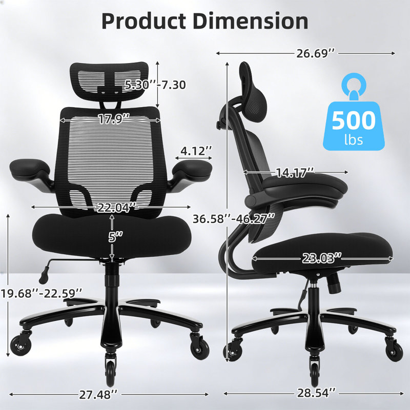 Grande et grande chaise de bureau en filet, chaise de bureau réglable robuste 500LBS avec accoudoirs rabattables