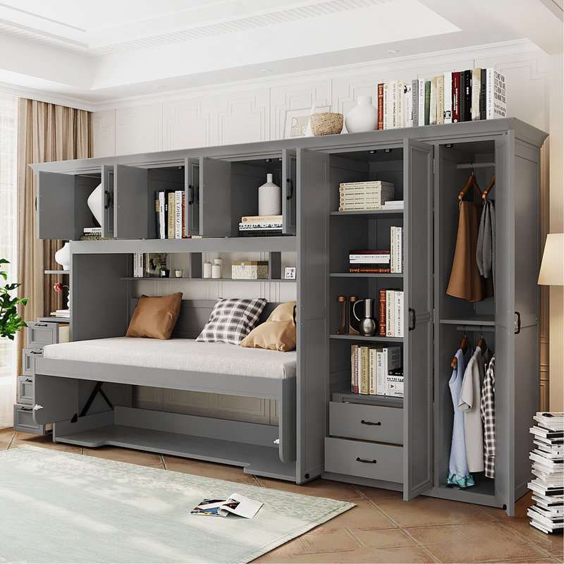 Lit escamotable mural avec garde-robe, armoire et bureau Murphy, Gris