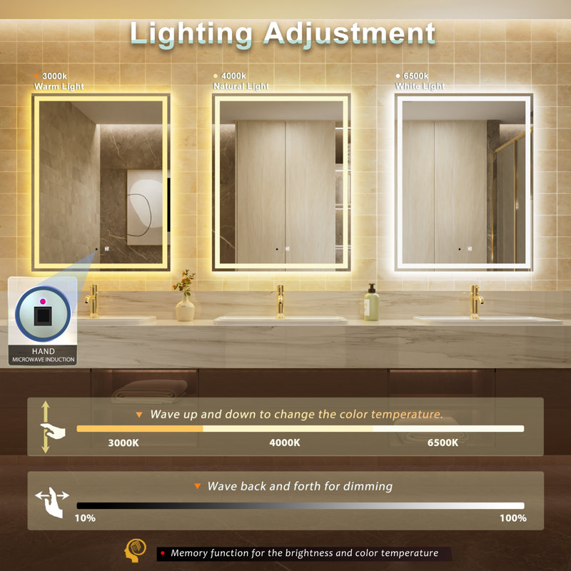 Miroir de salle de bain anti-brouillard lumineux à DEL Baruyr, 40 po x 32 po