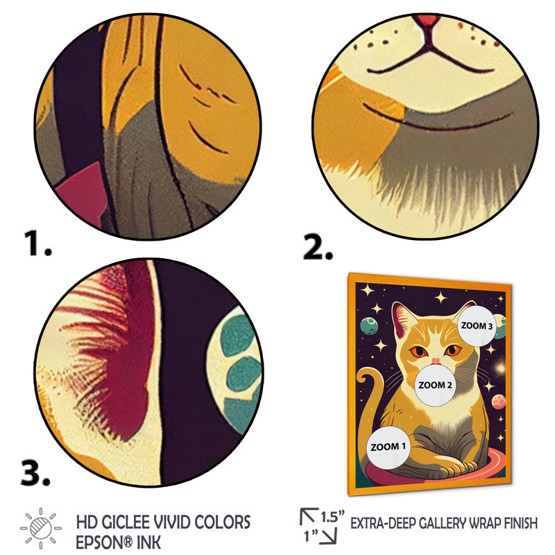 Dessin d'un joli chat jaune dans l'espace - reproduction sur toile, Impression dorée sur toile encadrée, L 34 po x H 44 po
