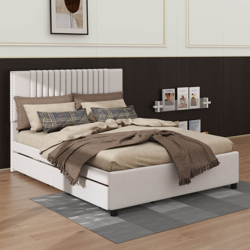 Lit plateforme avec tête de lit coussinée et 2 tiroirs intégrés et lit gigogne, Beige, Lit double