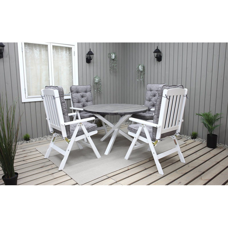 Hannahs 4 - Person Solid Wood Patio Dining Set Round Table with Cushions Included, Grey, White
