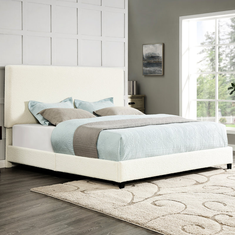 Modern King Bed Frame Upholstered In White Boucle - Bedroom Essential Furniture