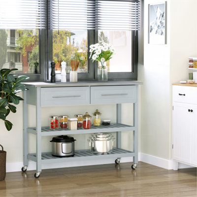 Îlot de cuisine avec plateau en acier inoxydable, îlot de cuisine traditionnel avec rangement, tablettes ouvertes à 2 niveaux, tiroirs
