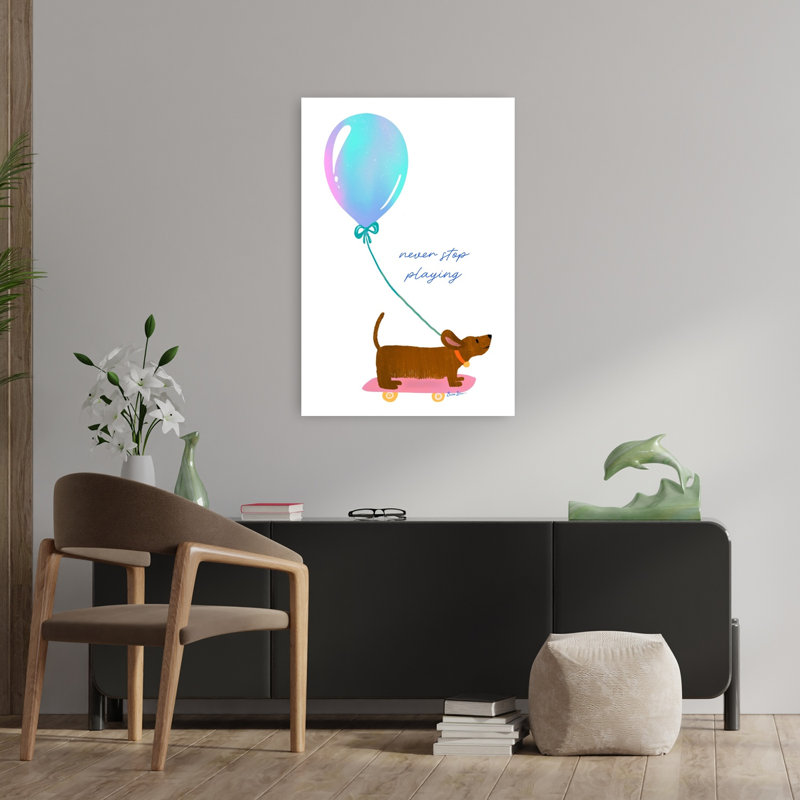 Affiche murale contemporaine représentant un chien en planche à roulettes, au style fantaisiste et ludique.
