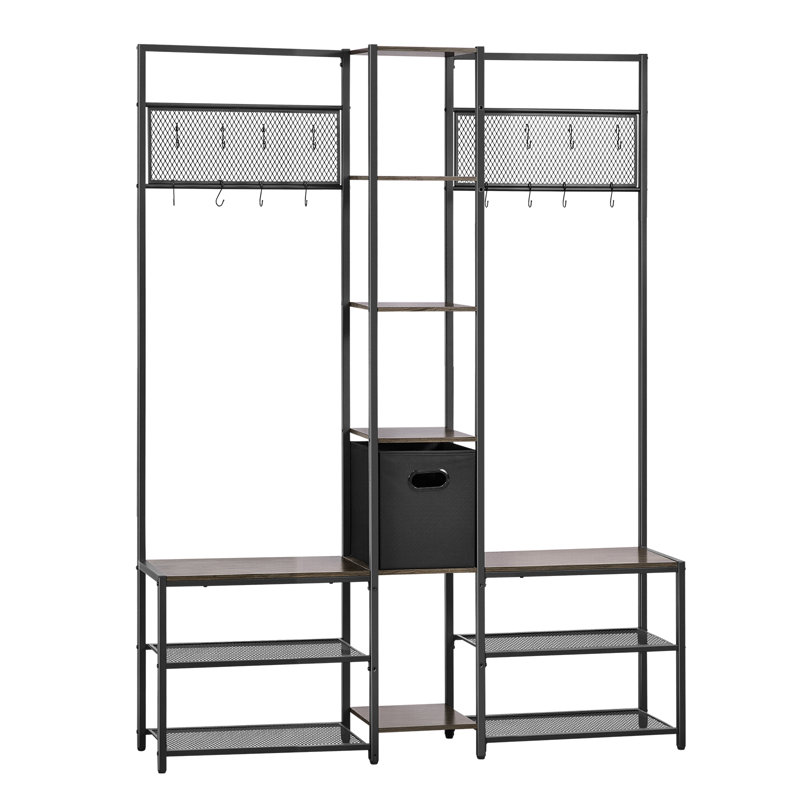 Corner Hall Tree with Shoe Bench, 70.9 in Coat Rack with Hooks and Steel Frame, Freestanding Clothes Shoes Rack Storage Organizer with Anti-Tip Set, for Entrance, Closet, Office, Rustic Brown