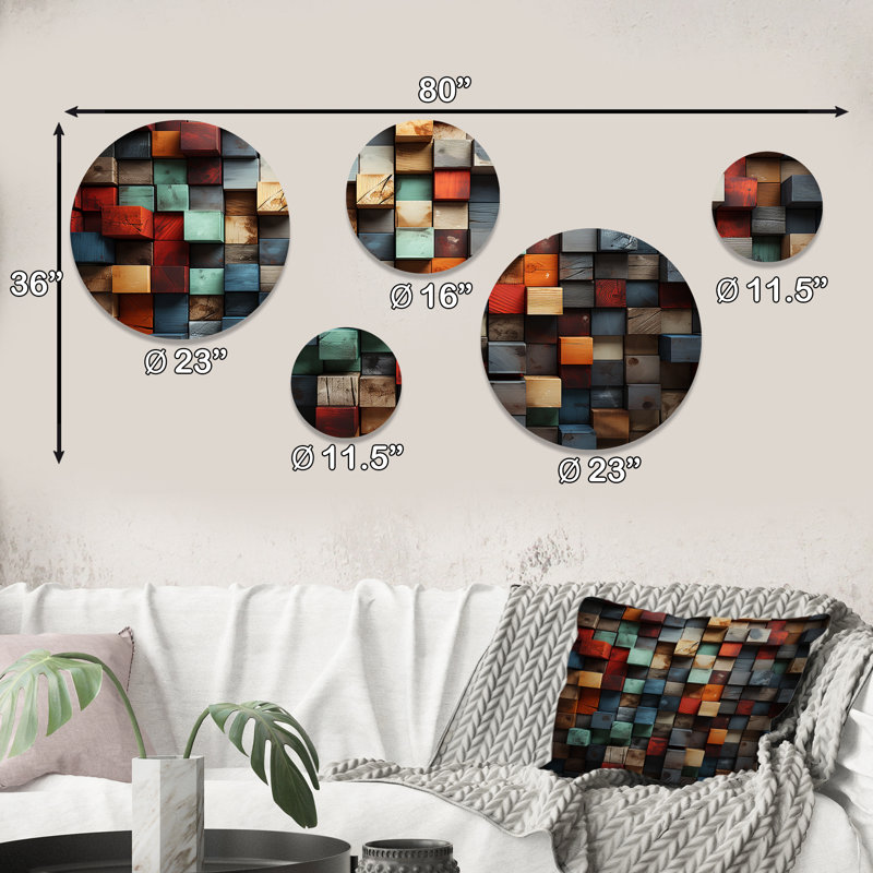Cubes abstraits bleus et rouges II - Cubisme abstrait, ensemble d'art mural rond de 5