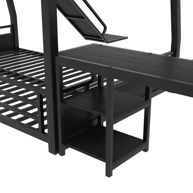 Lit superposé en L en métal avec lit mezzanine simple, bureau et tablettes de rangement
