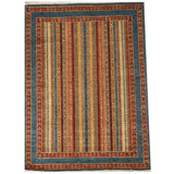 Tapis rayé rectangulaire en laine noué à la main de 5 pi 6 po x 7 pi 6 po bleu / or / rouge